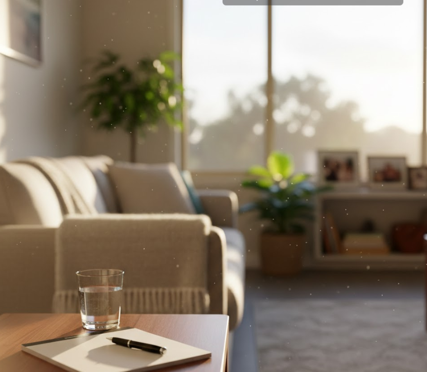 A peaceful, sunlit living room in a Perth home, representing the calm and practical support provided by Greenfields Funerals during a home bereavement.